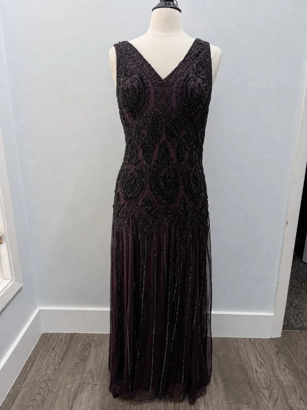 12P Plum Beaded Sequin Maxi Dress & Bolero Jacket Formal Flapper 20s Art Deco
